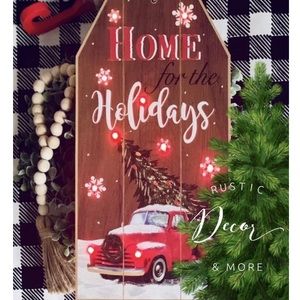 Rustic Red Truck & Christmas Tree "Home For The Holidays Glitter Wall Sign Decor
